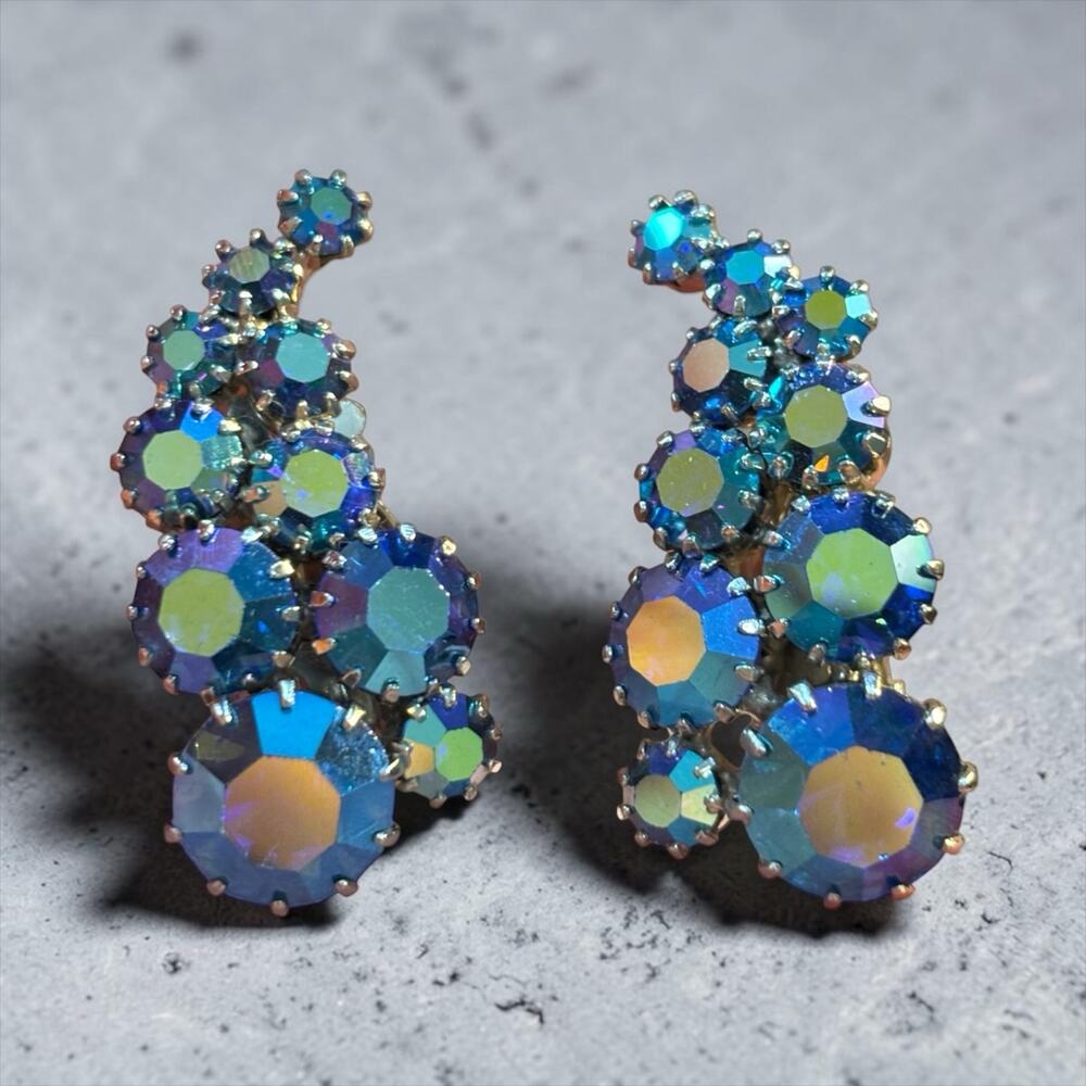 Blue Aurora Borealis Rhinestone Earrings 1950s Atomic Glam Clip Ons AB Crystal